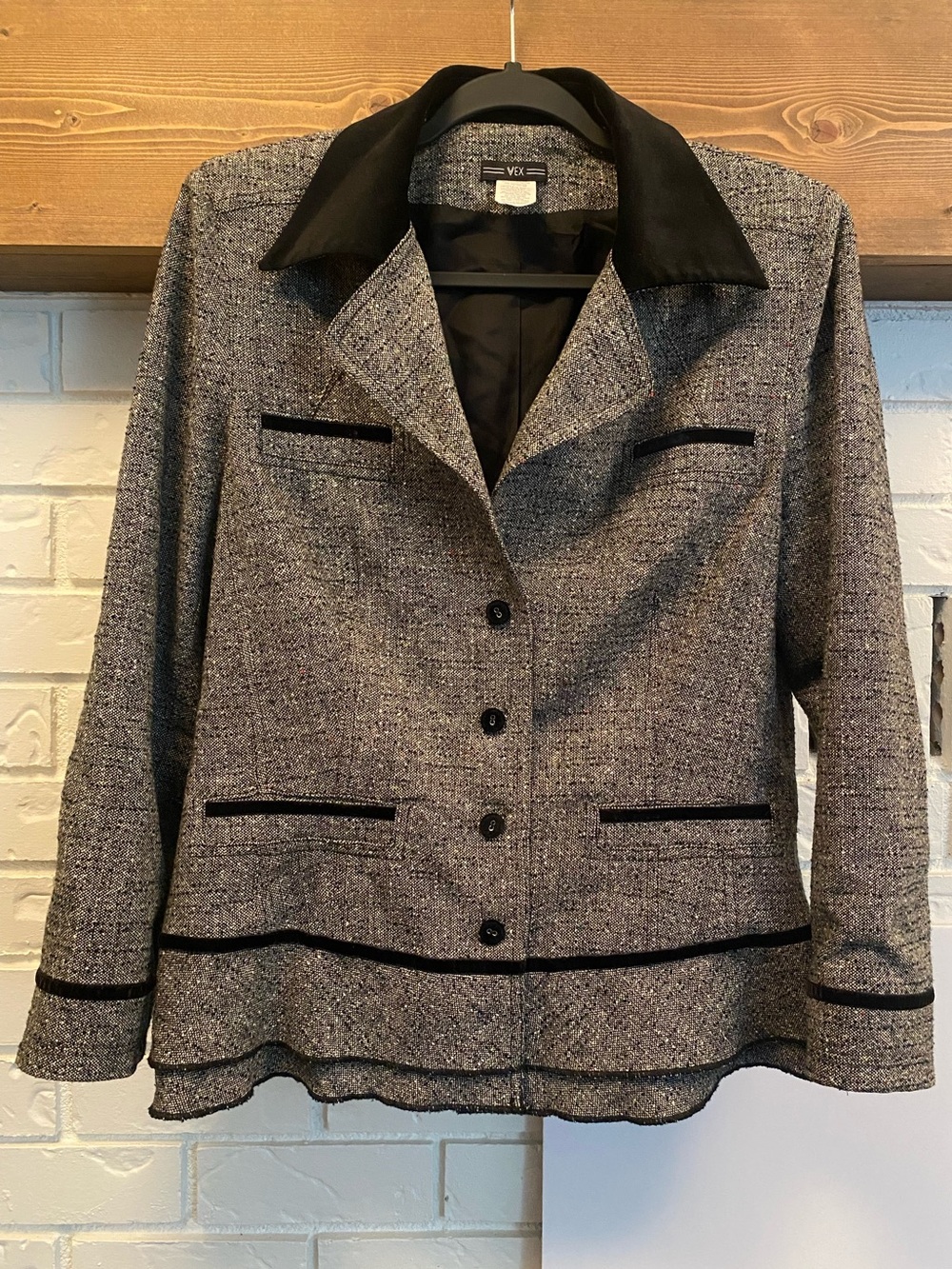 VEX Tweed Wool Blend Blazer Size 42 Black Velvet Trim Academia Equestrian